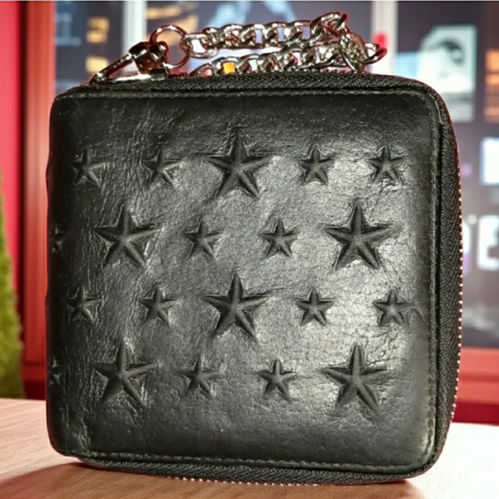 JIMMY CHOO Black Leather Star Embossed Wallet w/ Chain
